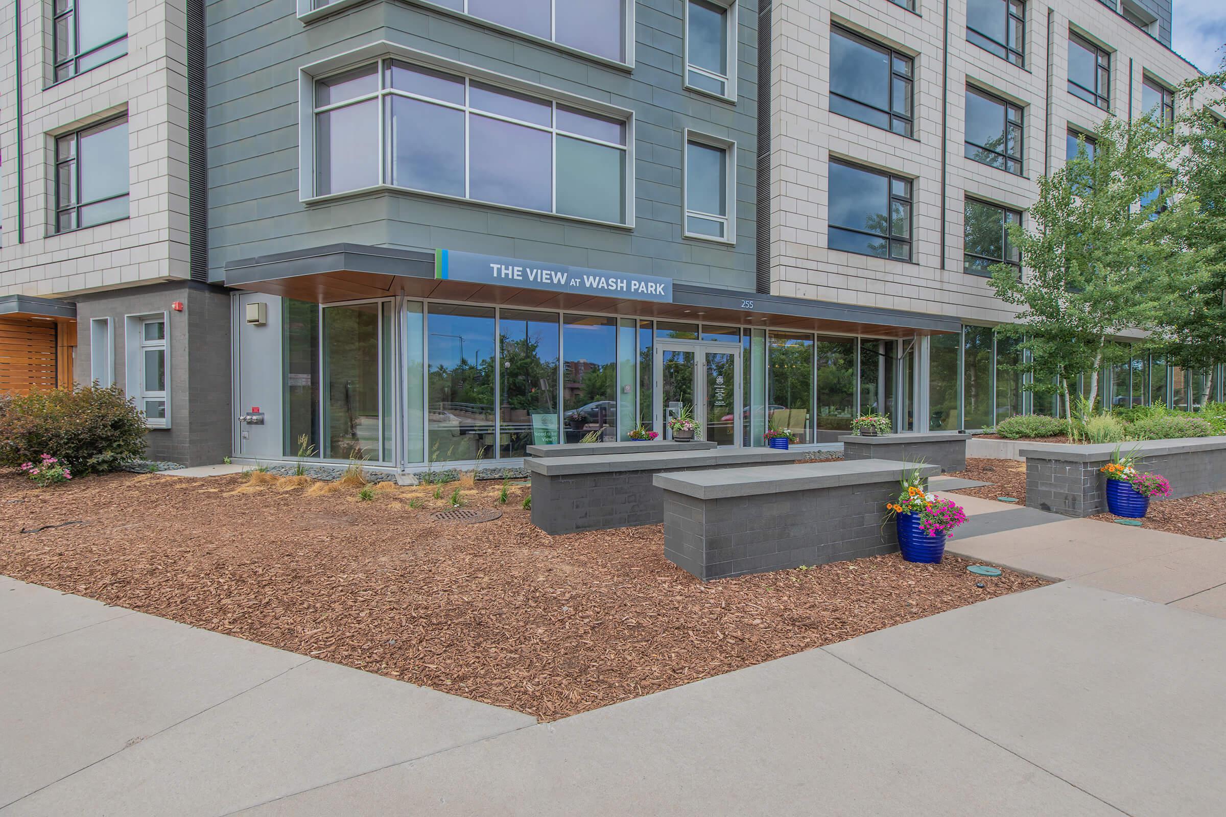 a bench in front of a building