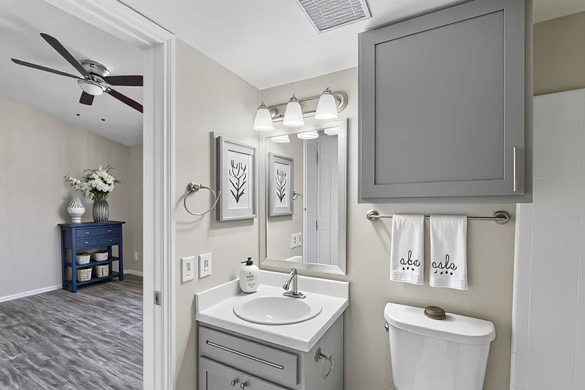A modern bathroom featuring a gray vanity with a sink, a wall-mounted mirror, and stylish light fixtures. There's a toilet and decorative towels hanging. The walls are painted a soft color, and a view into another room shows a blue dresser and a vase with flowers.