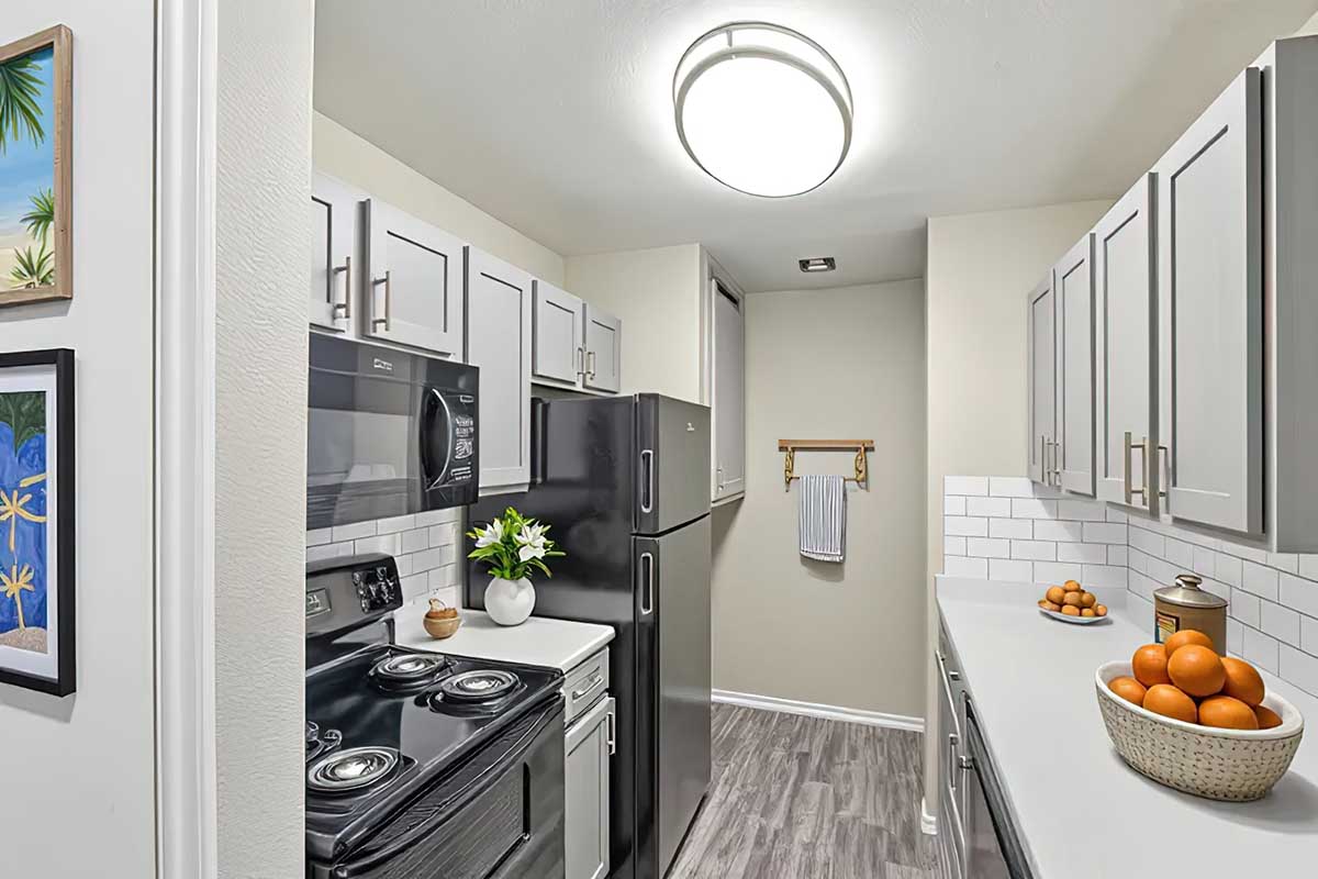 A modern kitchen featuring light-colored cabinets, a black refrigerator and stove, a white countertop, and a bowl of oranges on the counter. There's a decorative plant and framed artwork on the wall, along with a towel hanging on a wooden rack, illuminated by a round ceiling light.