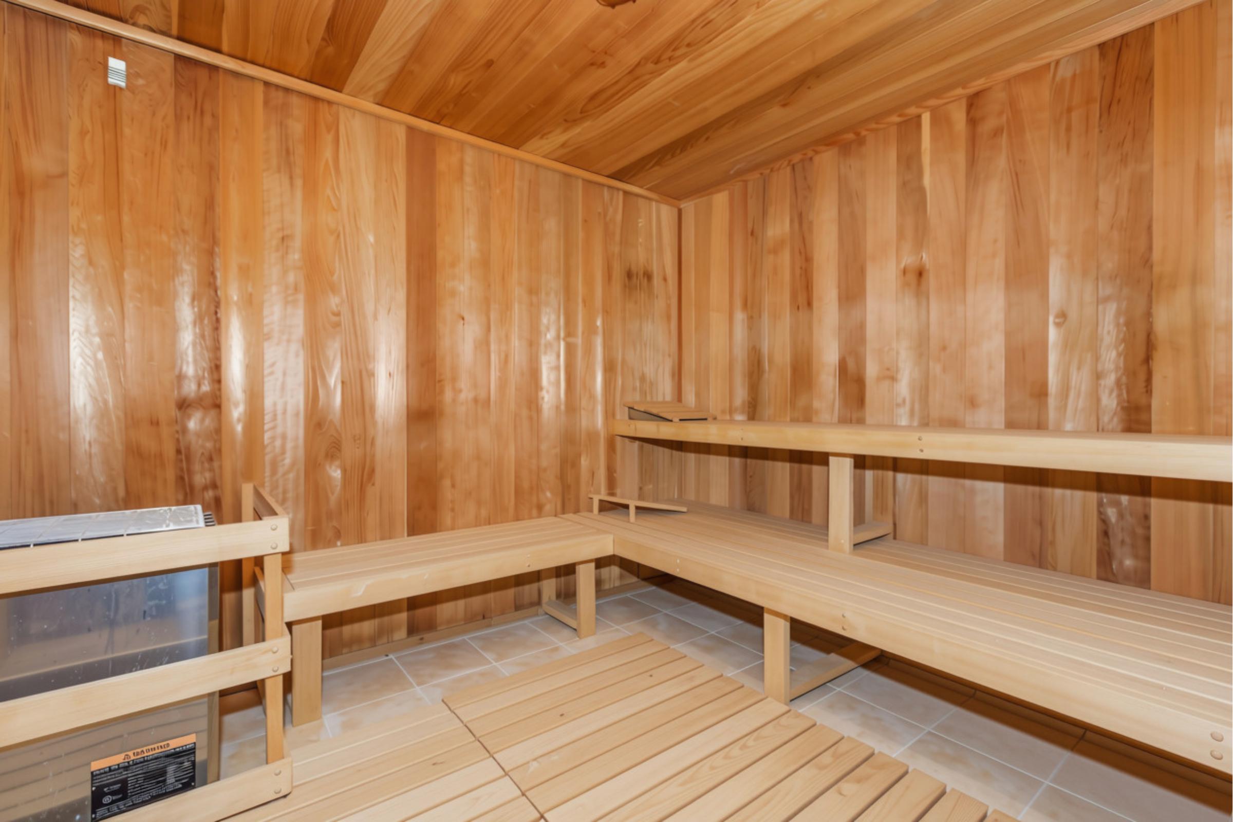 Interior of a wooden sauna featuring natural wood paneling and benches. The space is small and designed for relaxation, with a stone floor and a heater visible in one corner. The warm wood tones create a calming atmosphere, ideal for a spa experience.