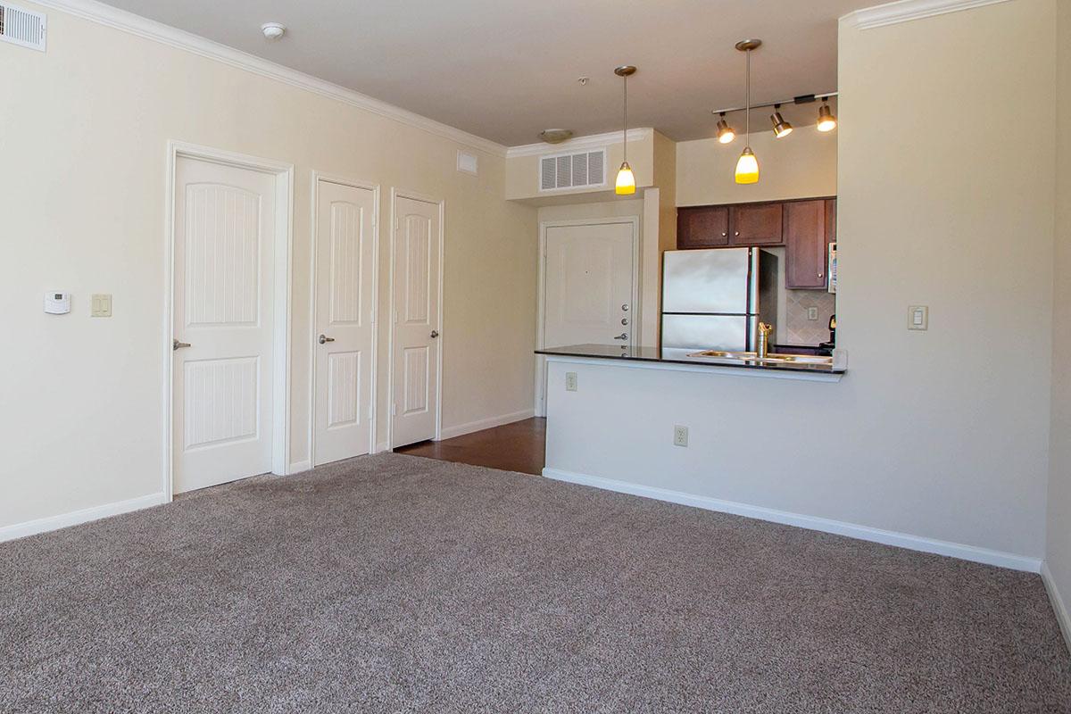A spacious, empty living area with beige walls and light brown carpeting. On one side, there are two closed doors leading to other rooms. In the adjoining kitchen, features stainless steel appliances, wooden cabinets, and a countertop with pendant lighting overhead. Natural light brightens the space.
