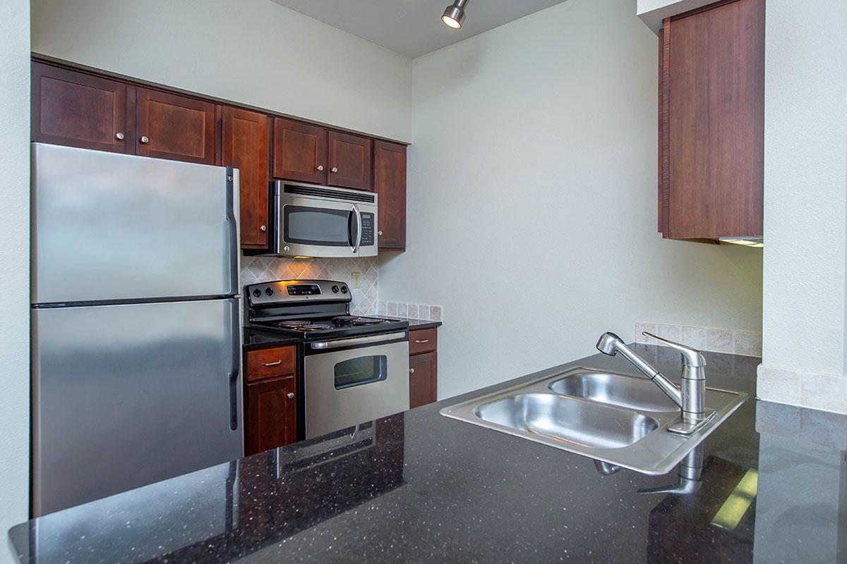 Modern kitchen featuring dark wood cabinets, stainless steel refrigerator, stove, and microwave. A sleek black granite countertop with a stainless steel sink is highlighted in the foreground. The kitchen has a neutral wall color and light tile backsplash.