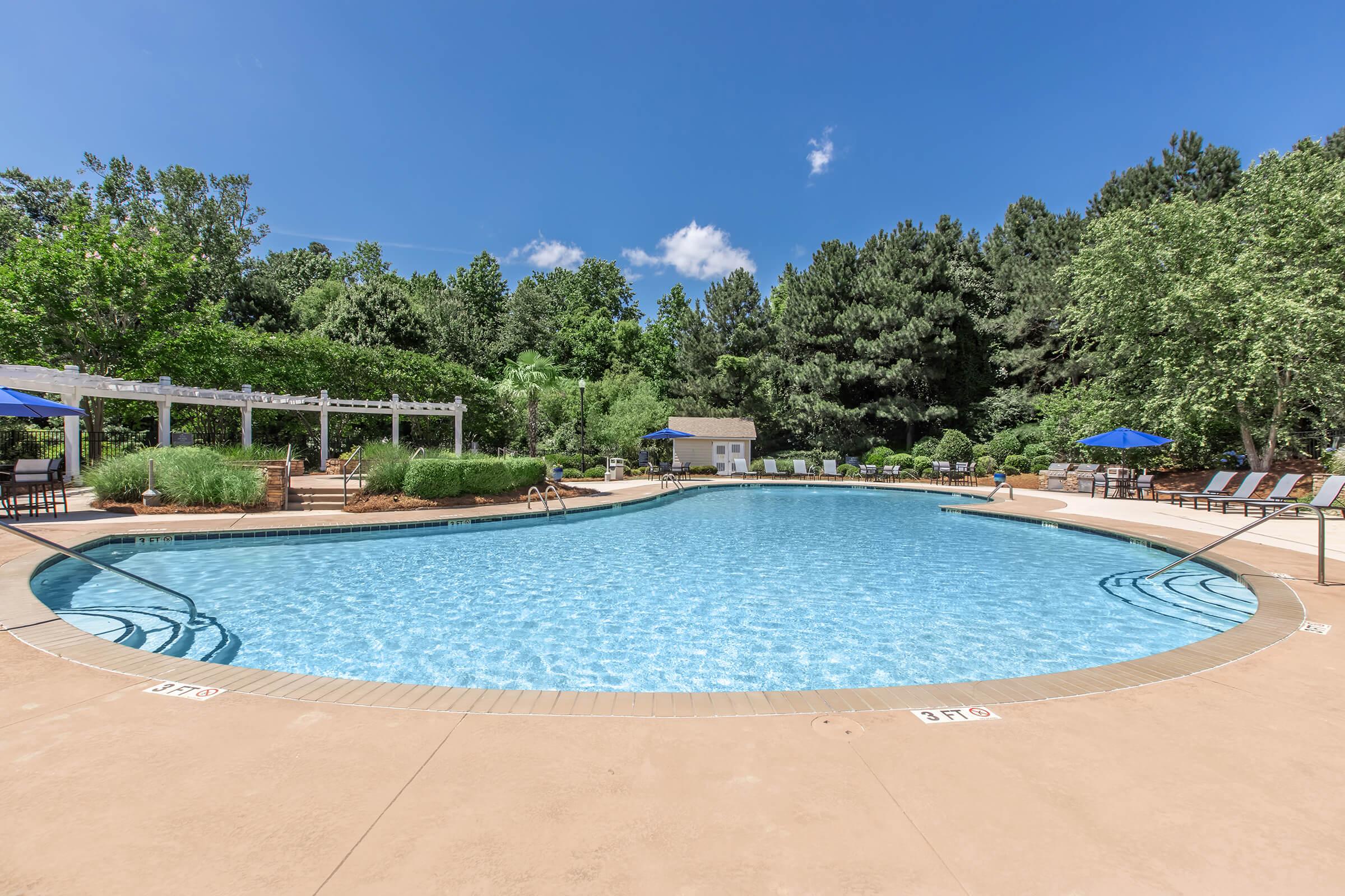A serene swimming pool surrounded by lush greenery and trees. The pool features a gentle curve, with lounge chairs positioned around it. Bright blue skies with a few clouds above create a tranquil atmosphere. Umbrellas provide shade for relaxation. Perfect for leisure and enjoyment on a sunny day.