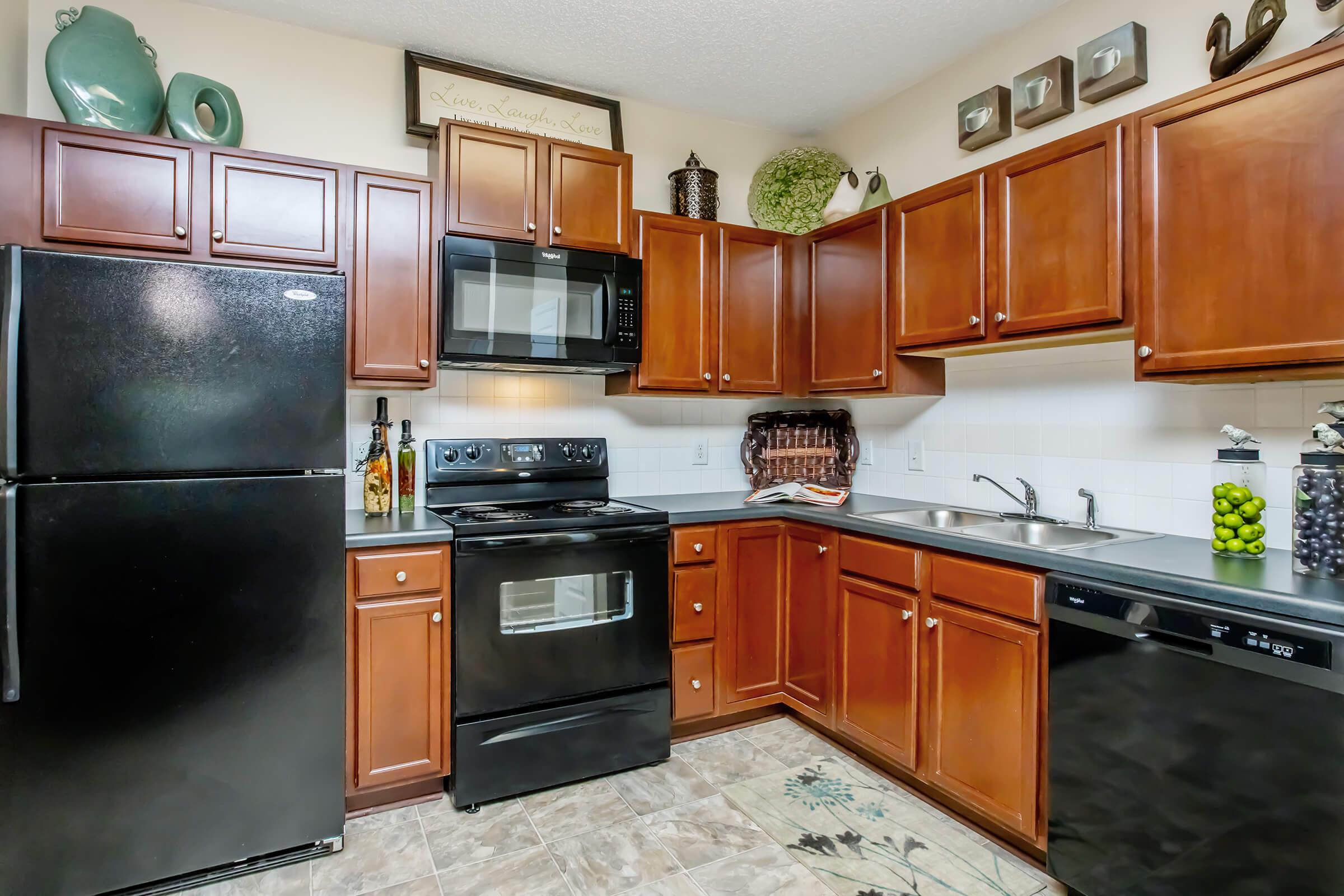 Modern kitchen featuring dark wood cabinets, black appliances including a refrigerator and stove, and a microwave above the stove. The countertop is gray, and there's a double sink with decorative items and green accents on the shelves. A patterned rug is on the floor.