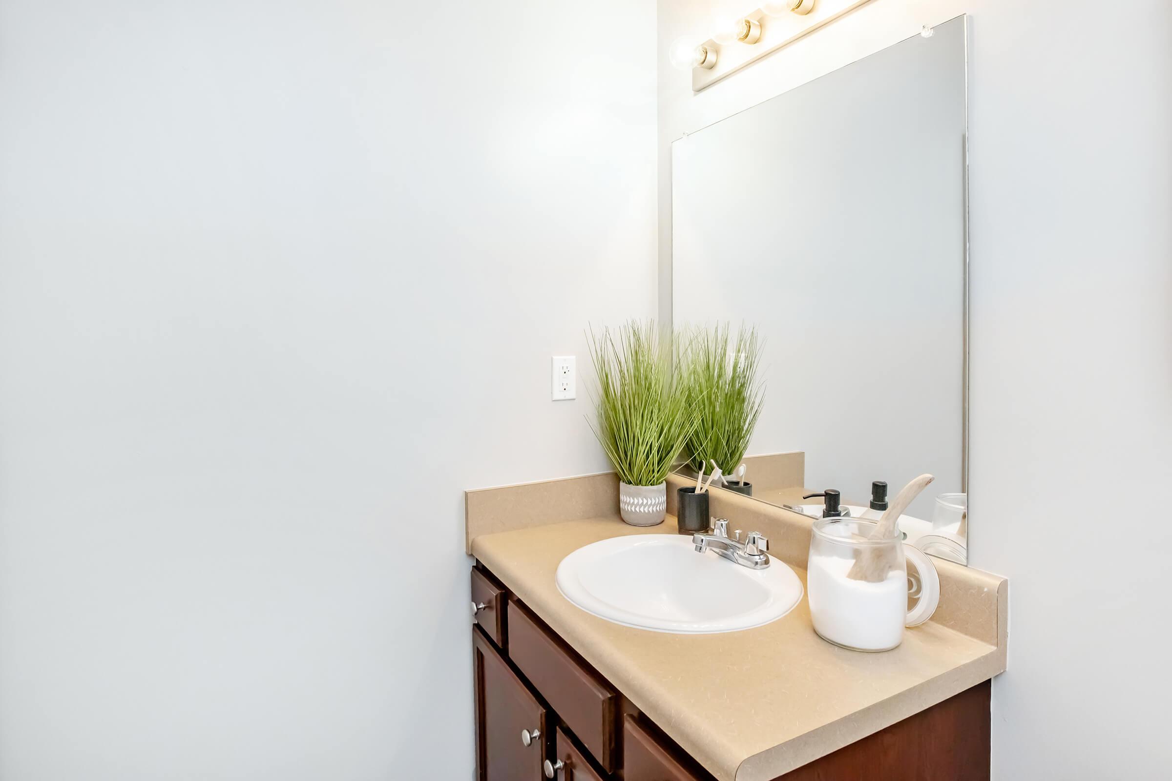 A clean bathroom countertop featuring a round sink with a modern faucet. The surface is beige and includes a small potted plant, a white ceramic container, and a glass water pitcher. A large mirror above the sink reflects the light from overhead fixtures, while the walls are painted a light color.
