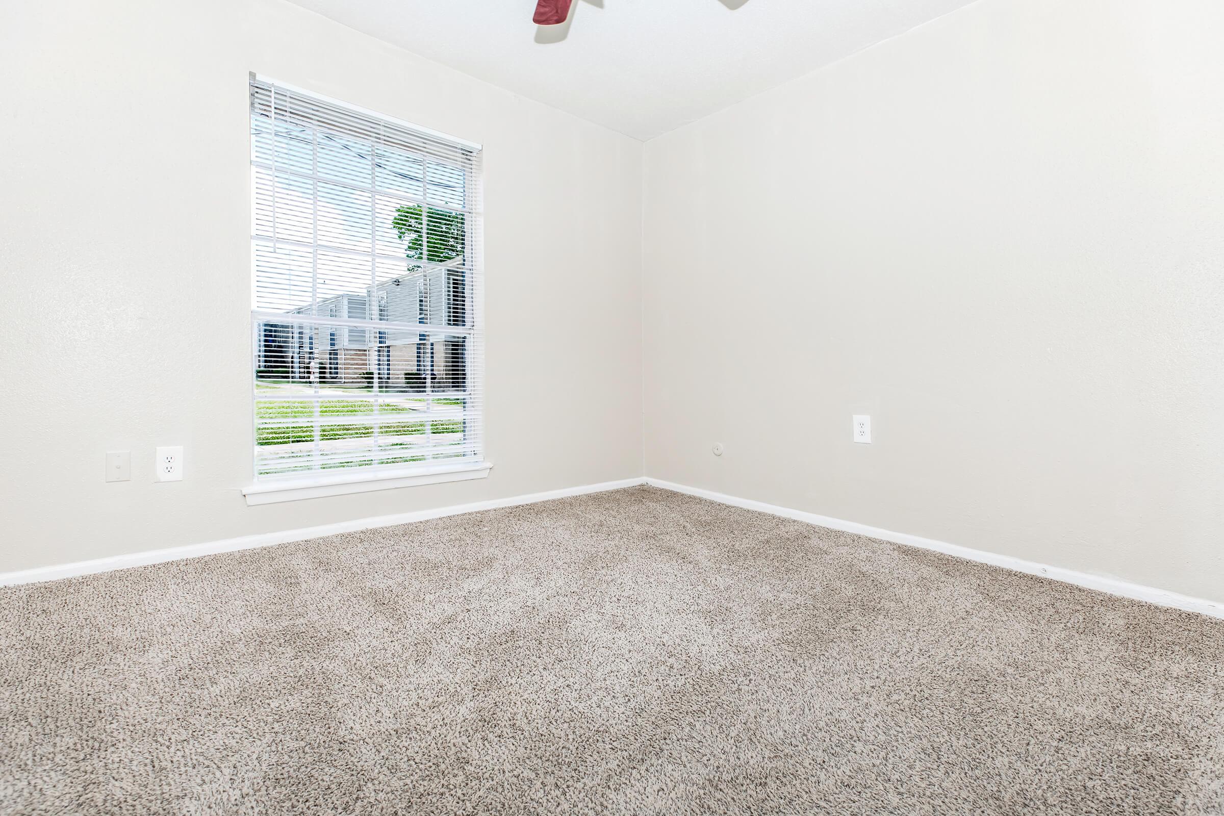 A minimally furnished room with light beige walls and a large window featuring white blinds. The floor is covered in soft beige carpet, and the space is empty, creating a bright and inviting atmosphere.