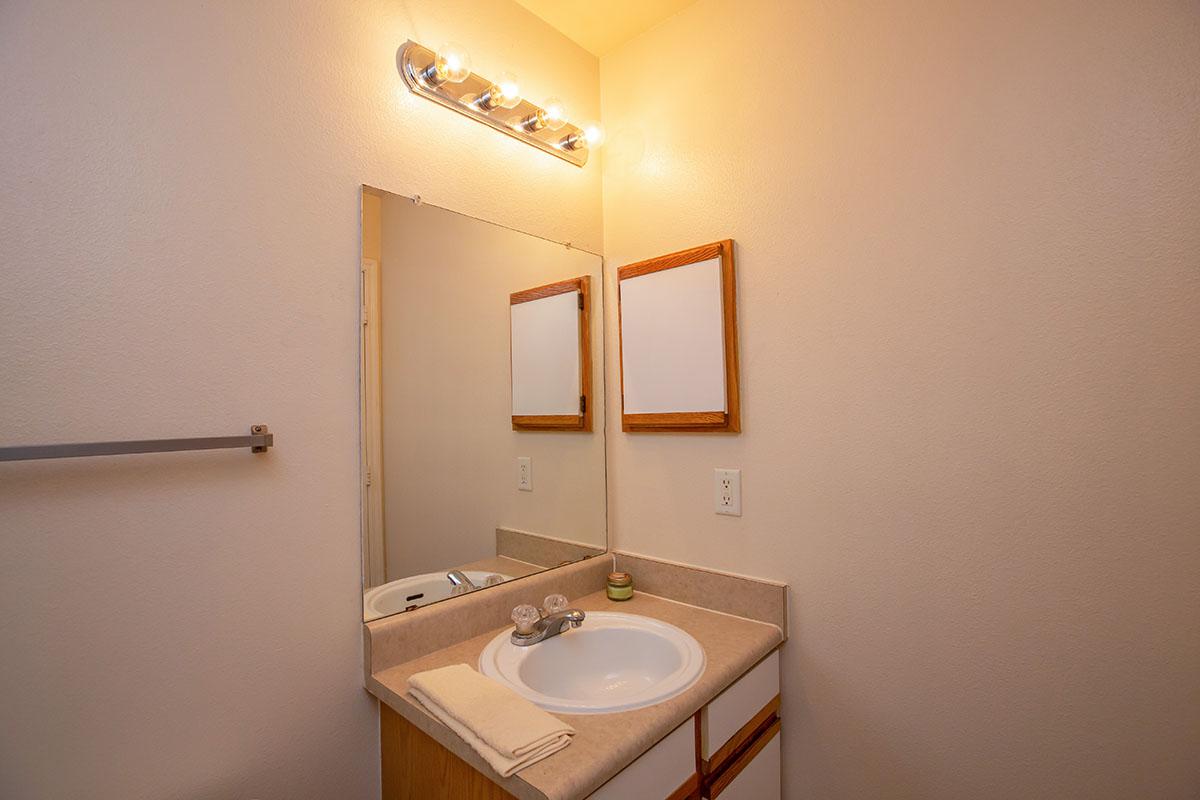 a white sink sitting under a mirror