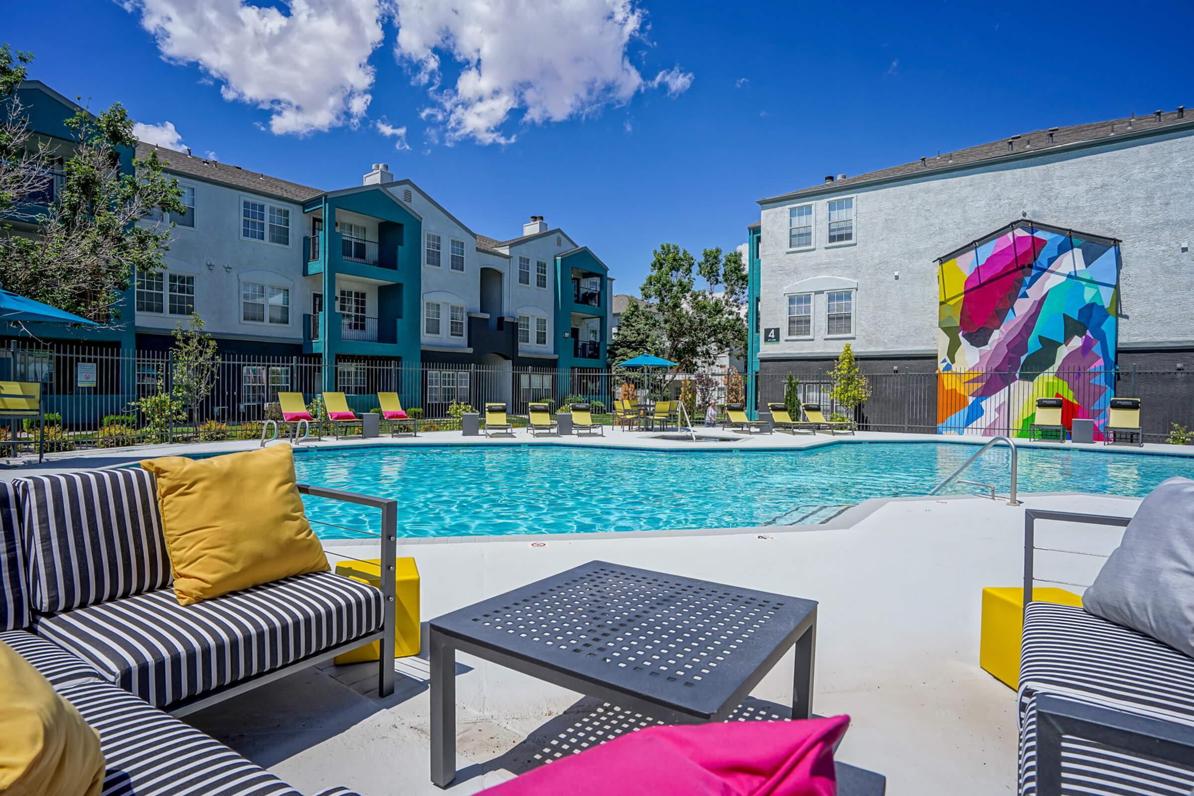 Poolside Lounge with Resort-style Furniture - Prisma Apartments - Albuquerque - New Mexico