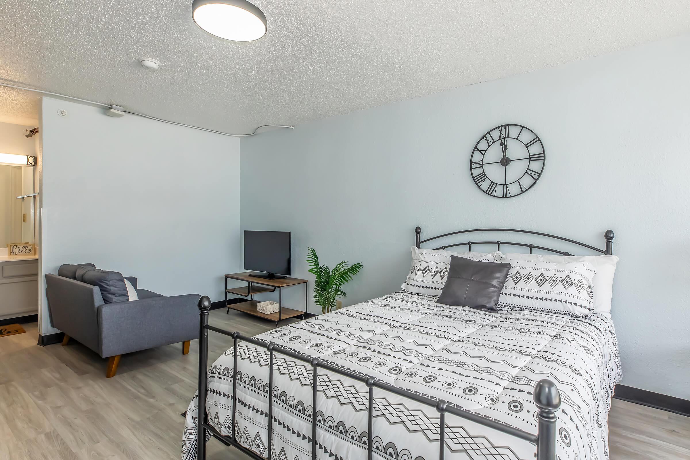 A cozy bedroom featuring a black metal bed frame with a patterned comforter, a small gray couch, a television on a stand, and a potted plant. The walls are painted light blue, and there is a clock hanging above the bed. A bathroom area is visible in the background.