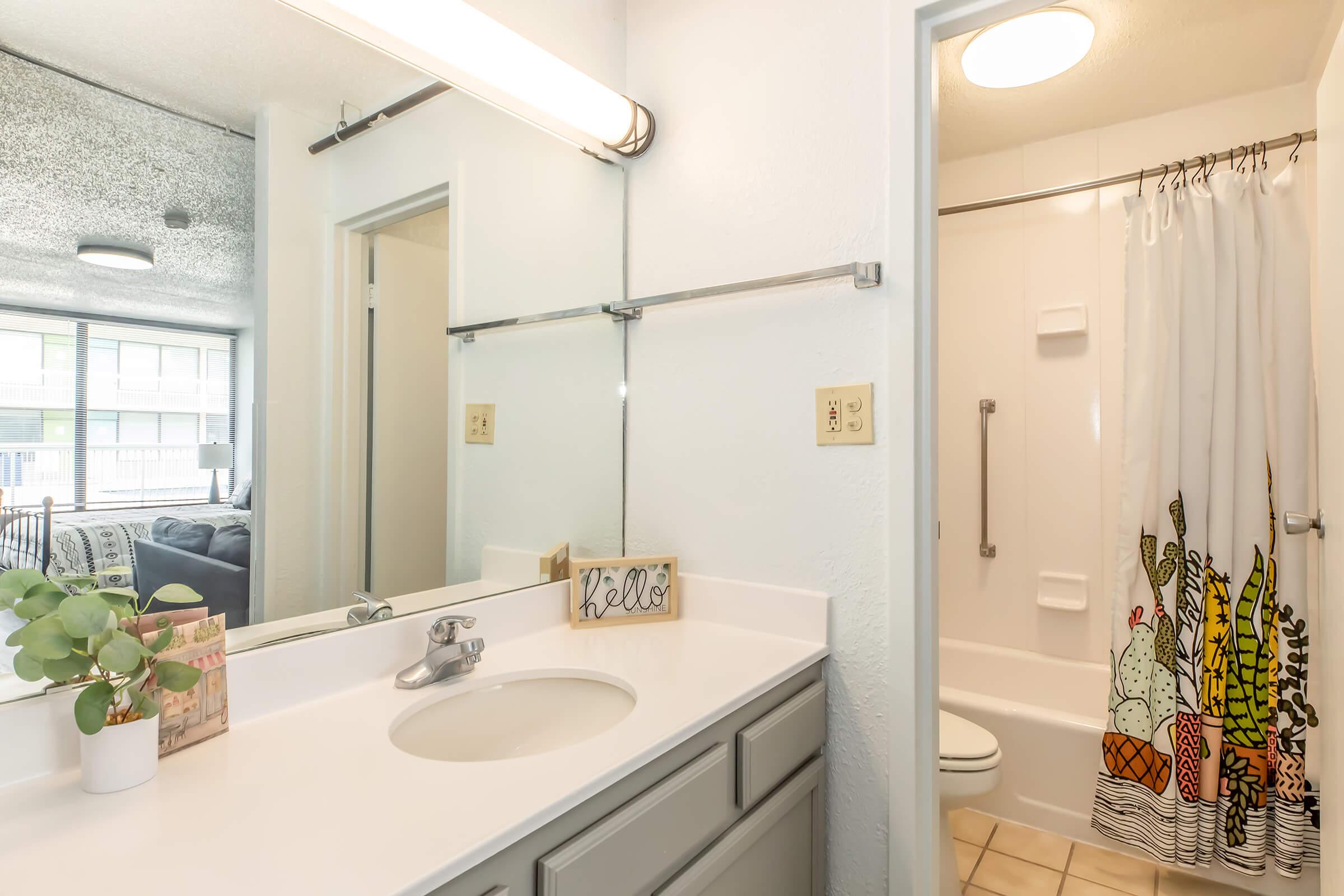 A bright and modern bathroom featuring a white sink with a gray cabinet, a large mirror, and a shower area with a colorful cactus-themed shower curtain. The space is well-lit with natural light and has a small potted plant on the countertop, creating a fresh and inviting atmosphere.