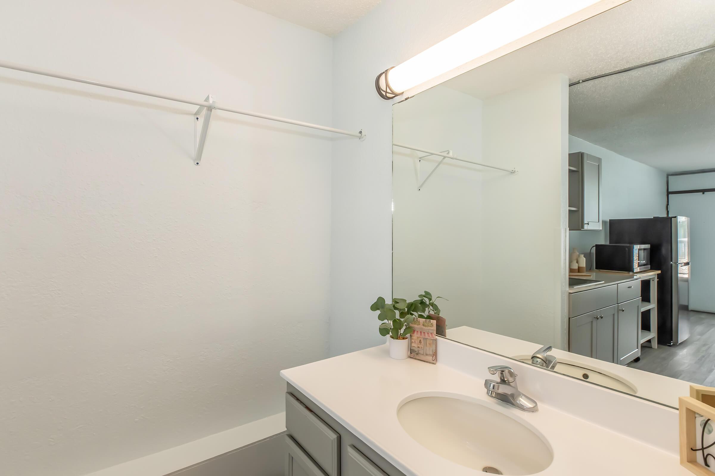 A bright, clean bathroom with a white sink and faucet, featuring a large mirror above. There are light gray cabinets below the sink and an empty wall shelf for storage. A small potted plant adds a touch of greenery to the countertop. The room has a neutral color palette and is well-lit by a ceiling light.