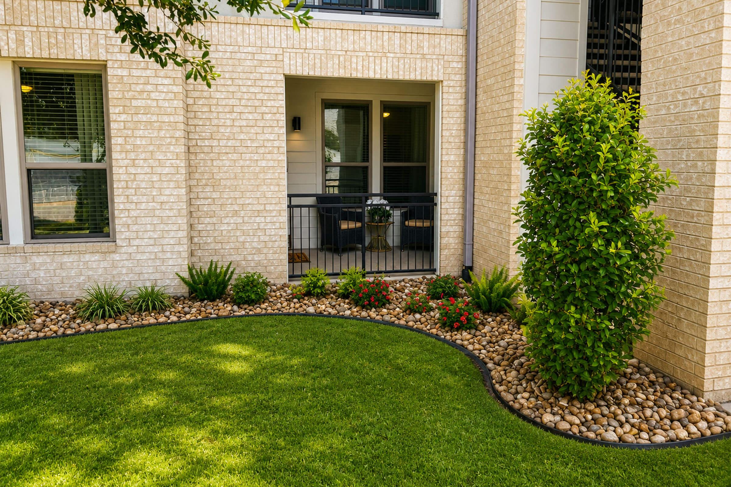 A well-maintained outdoor area in front of a building featuring a neatly mowed green lawn, decorative rocks, and a variety of plants including small colorful flowers and a bush. The front porch is visible, adorned with a chair and a plant. Sunlight casts a warm glow on the landscape, enhancing its inviting atmosphere.