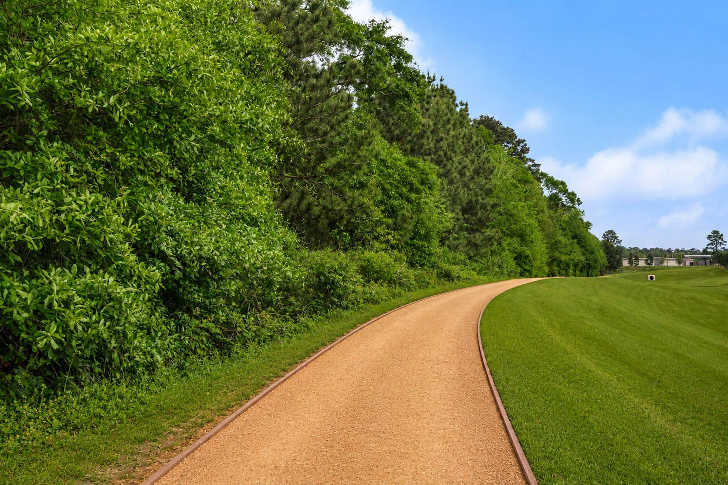 A winding gravel path bordered by lush green trees and shrubs, leading through a tranquil park setting. The sky above is clear with a few clouds, creating a serene atmosphere. The path curves gently, inviting exploration of the natural surroundings.