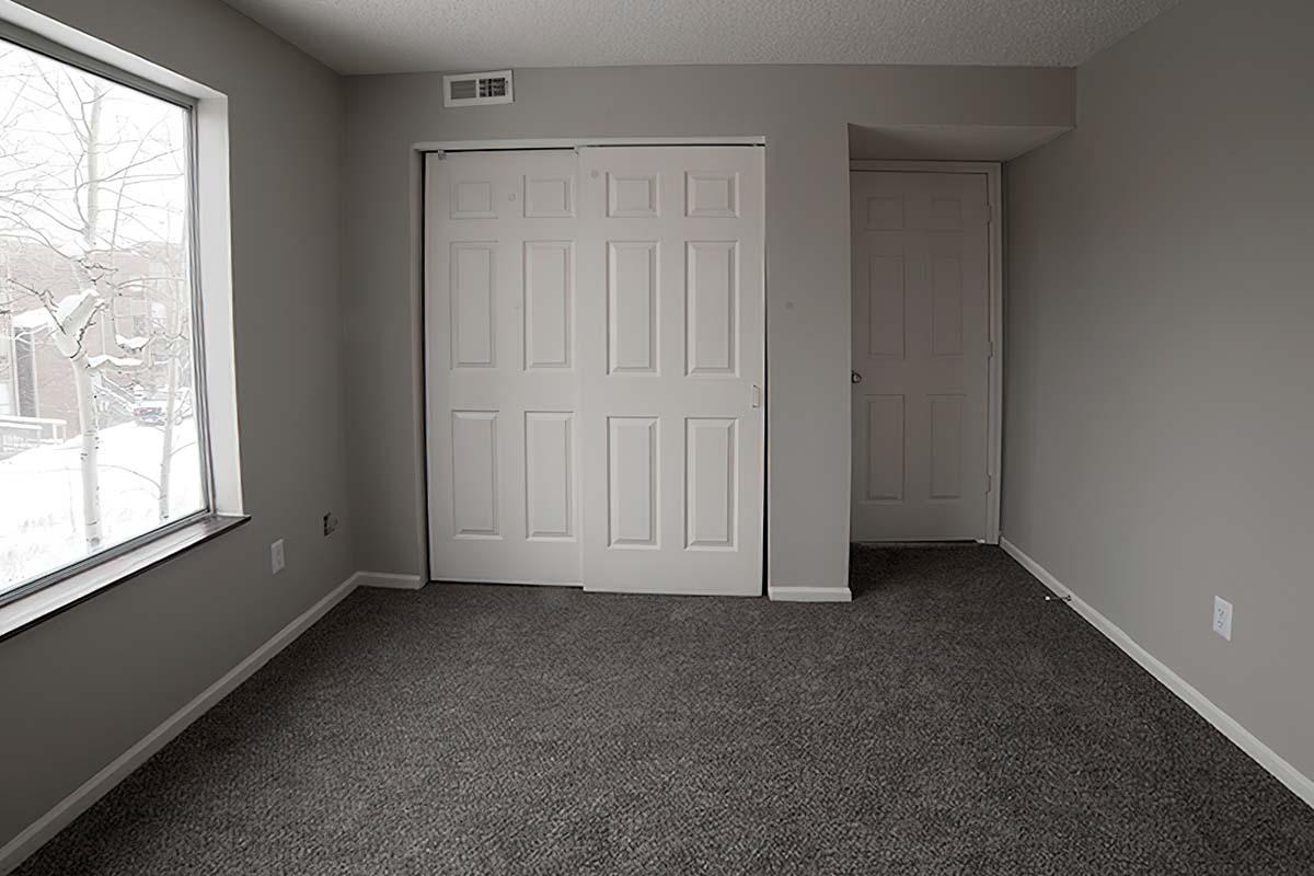 A sparse room with light gray walls and carpeted flooring. There is a large window on the left side, allowing natural light to enter. Two sets of white double doors are visible on one wall, leading to a closet. An additional door is located in the corner, suggesting access to another room or space.