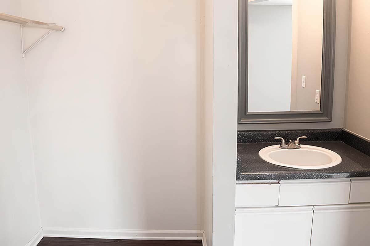 A small bathroom area featuring a circular sink with a faucet and a large mirror above it. There is a countertop space in front of the sink. To the left, there is a closet or storage area with a hanging rod. The walls are painted white, and the floor appears to have dark-colored laminate.