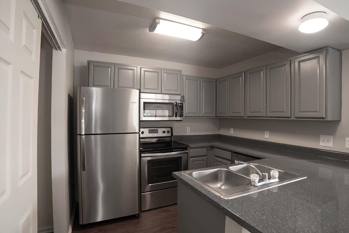 Modern kitchen with gray cabinets, stainless steel appliances including a fridge, stove, and microwave. The countertop is dark with a double sink. Brightly lit with overhead lighting, the space features a minimalist design and an open layout.