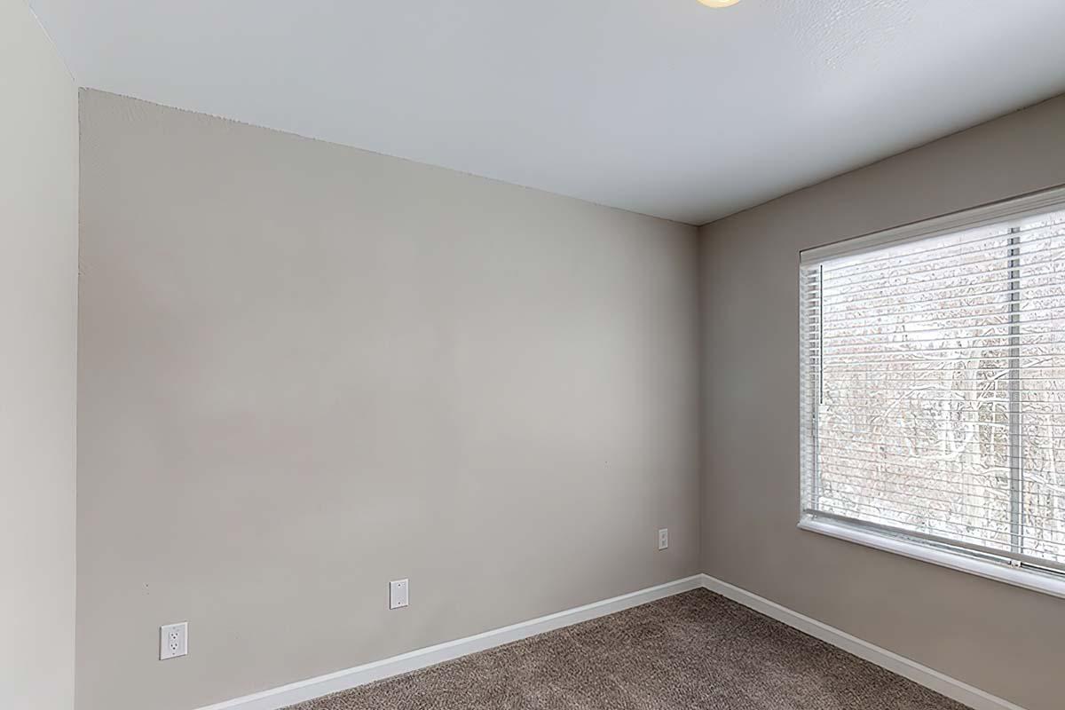 Empty room with light beige walls and a carpeted floor. A large window with white blinds allows natural light to enter, illuminating the space. There are two electrical outlets on the wall, and no furniture or decorations are present, creating a minimalist atmosphere.