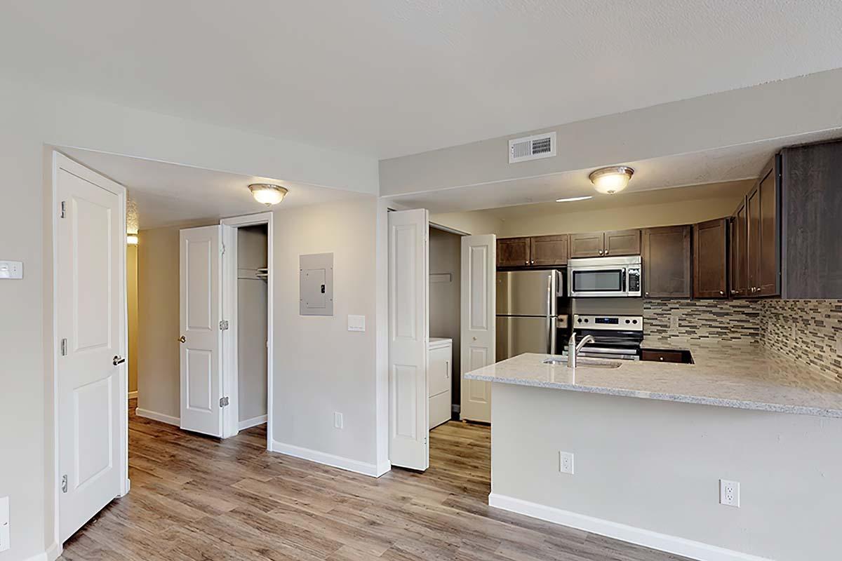 Interior view of a modern kitchen and living area in an apartment. Features include a granite countertop, stainless steel appliances, light-colored walls, and wood-style flooring. There are two doors leading to closets and a laundry area, enhancing the functionality of the space.