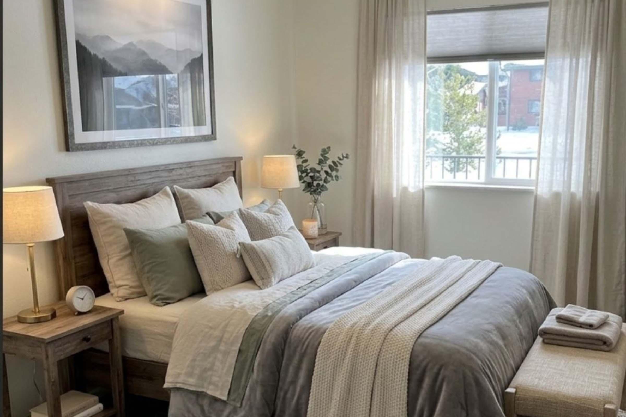 A cozy bedroom featuring a queen-sized bed with soft, layered bedding in neutral tones. There are decorative pillows and a textured blanket. Two bedside lamps illuminate the space, and a window offers a view of an outdoor scene. Decor includes a framed landscape print and a plant on the nightstand.