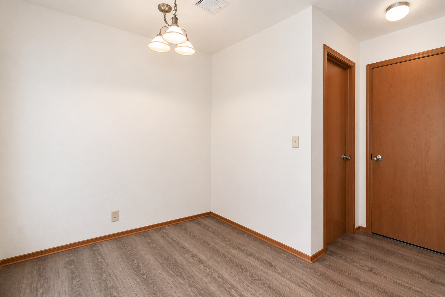 A small, empty room with light-colored walls and a wooden door. The floor features light brown laminate. A ceiling light fixture with four bulbs hangs from the ceiling. One wall has a closed door, while the adjacent wall is bare, creating a simple and clean appearance.