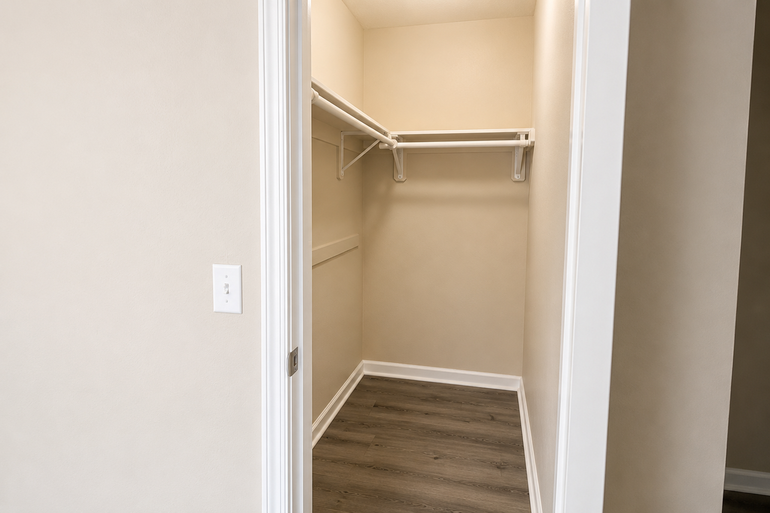 A vacant closet featuring light beige walls, a wooden floor, and a single hanging rod with no shelves. The entrance shows a white door frame and a light switch on the left side. The space is empty, suggesting it is ready for organization or storage.