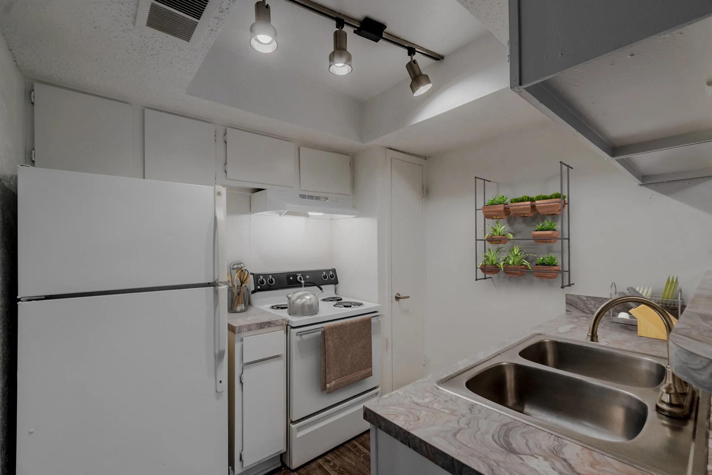 A small, modern kitchen featuring a white refrigerator, stove with oven, and double sink. The countertop is patterned and has a pot on it. Above the sink, there is a vertical wall shelf with several potted plants. The walls are painted in light colors, and there is bright overhead lighting.