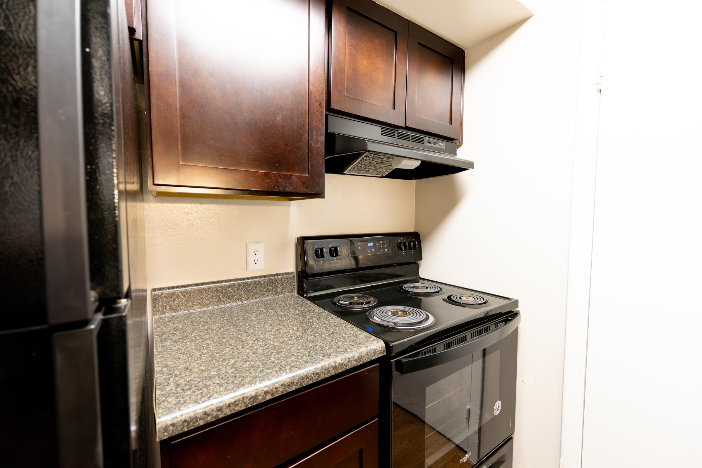 A compact kitchen featuring dark wood cabinetry, a black refrigerator, and a black electric stove with a hood above. The countertop is made of granite, and the walls are painted in a light color, creating a modern and clean appearance.