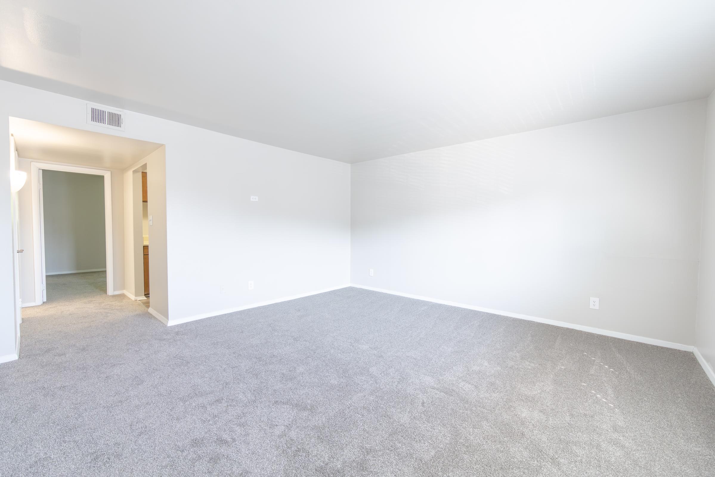 A spacious, empty room with light gray carpet and white walls. A doorway to the left leads to another room, while another entrance is visible on the right. The room has natural light and a clean, minimalistic feel, making it suitable for various furnishing options.