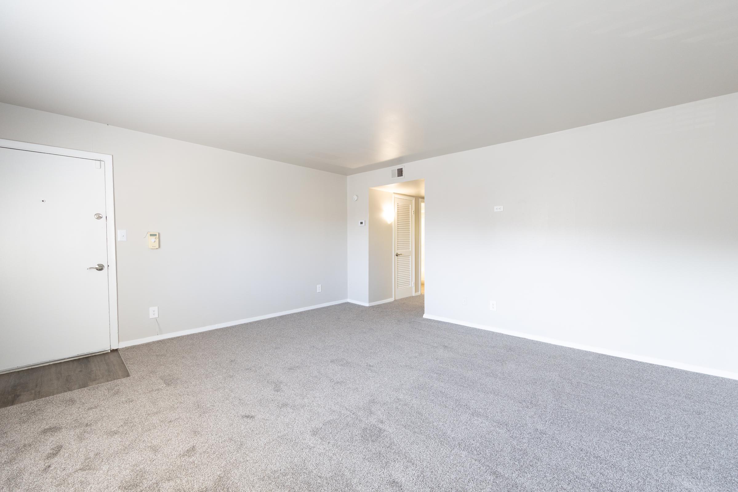 Empty room with light gray walls and new carpet, featuring a closed door on the left and an open doorway leading to another room in the back. The space is well-lit with natural light, creating a clean and minimalistic feel.