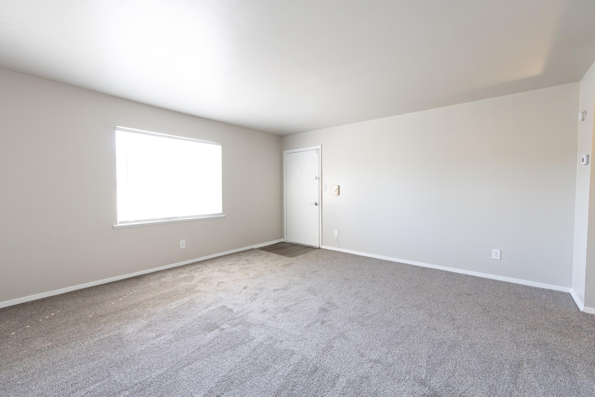 Empty room with light gray walls and a large window allowing natural light. The floor is covered with light gray carpet. A plain door is visible on the right side, and there are minimal furnishings or decorations, creating a spacious and clean environment.