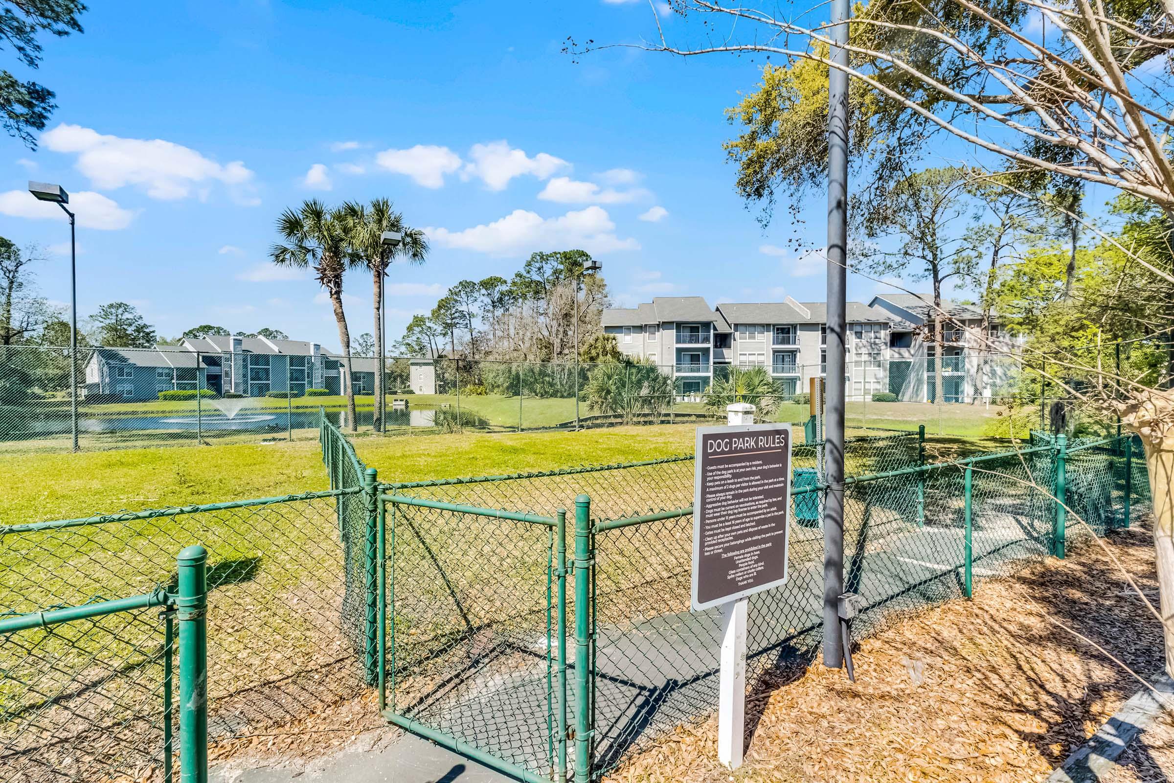 A fenced dog park area featuring green grass and palm trees, with nearby residential buildings visible in the background. A sign labeled "DOG PARK RULES" stands in front of the fence, providing guidelines for pet owners. The sky is clear and blue.