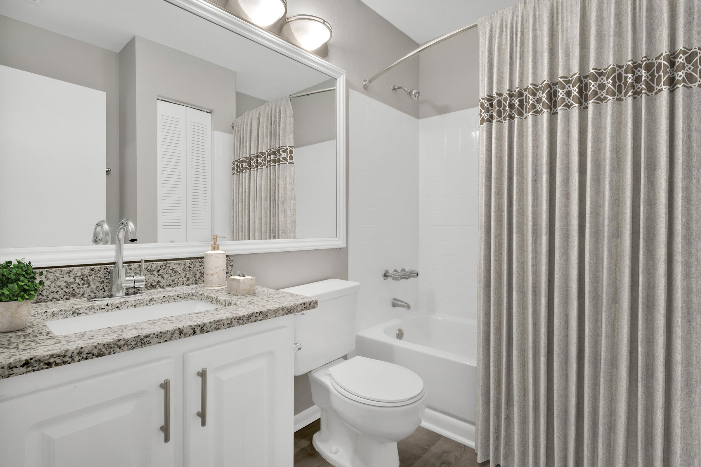 A clean and modern bathroom featuring a granite counter with a sink, white cabinetry, a bathtub with a shower curtain, and a mirror above the sink. The decor includes a small green plant and neutral tones throughout the space. Bright lighting from overhead fixtures enhances the inviting atmosphere.
