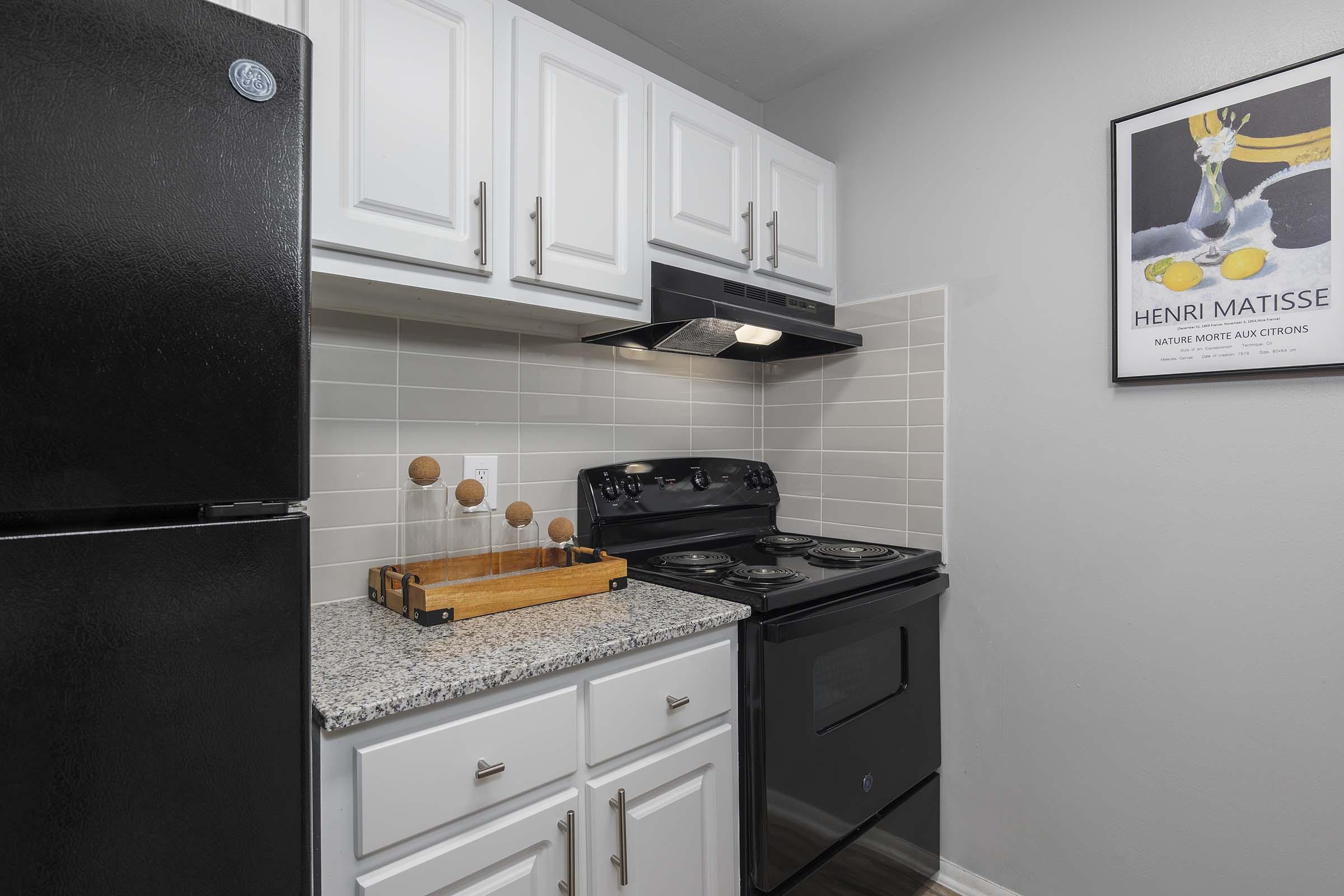 A modern kitchen featuring white cabinets, a black refrigerator, and an electric stove. The countertop is made of gray speckled granite, with a wooden cutting board displaying decorative items. A framed artwork by Henri Matisse hangs on the wall, adding a touch of color to the space.