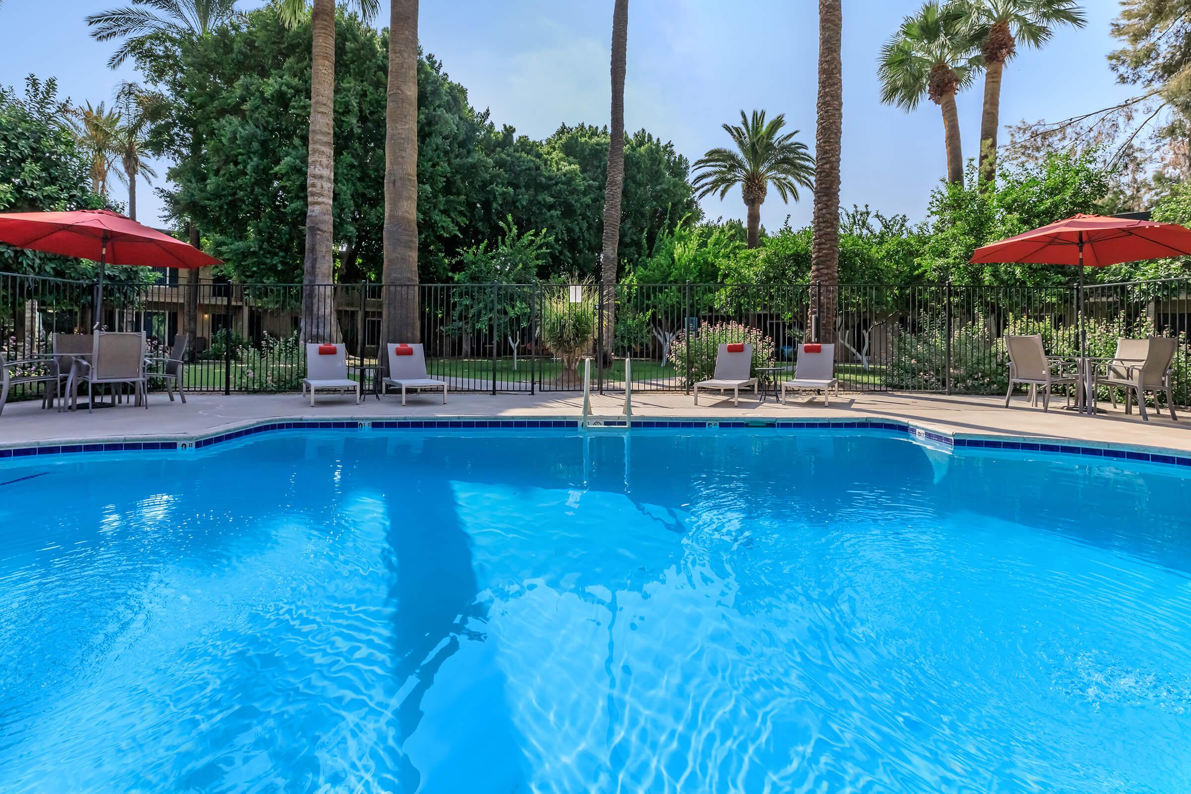 a group of lawn chairs sitting on top of a swimming pool