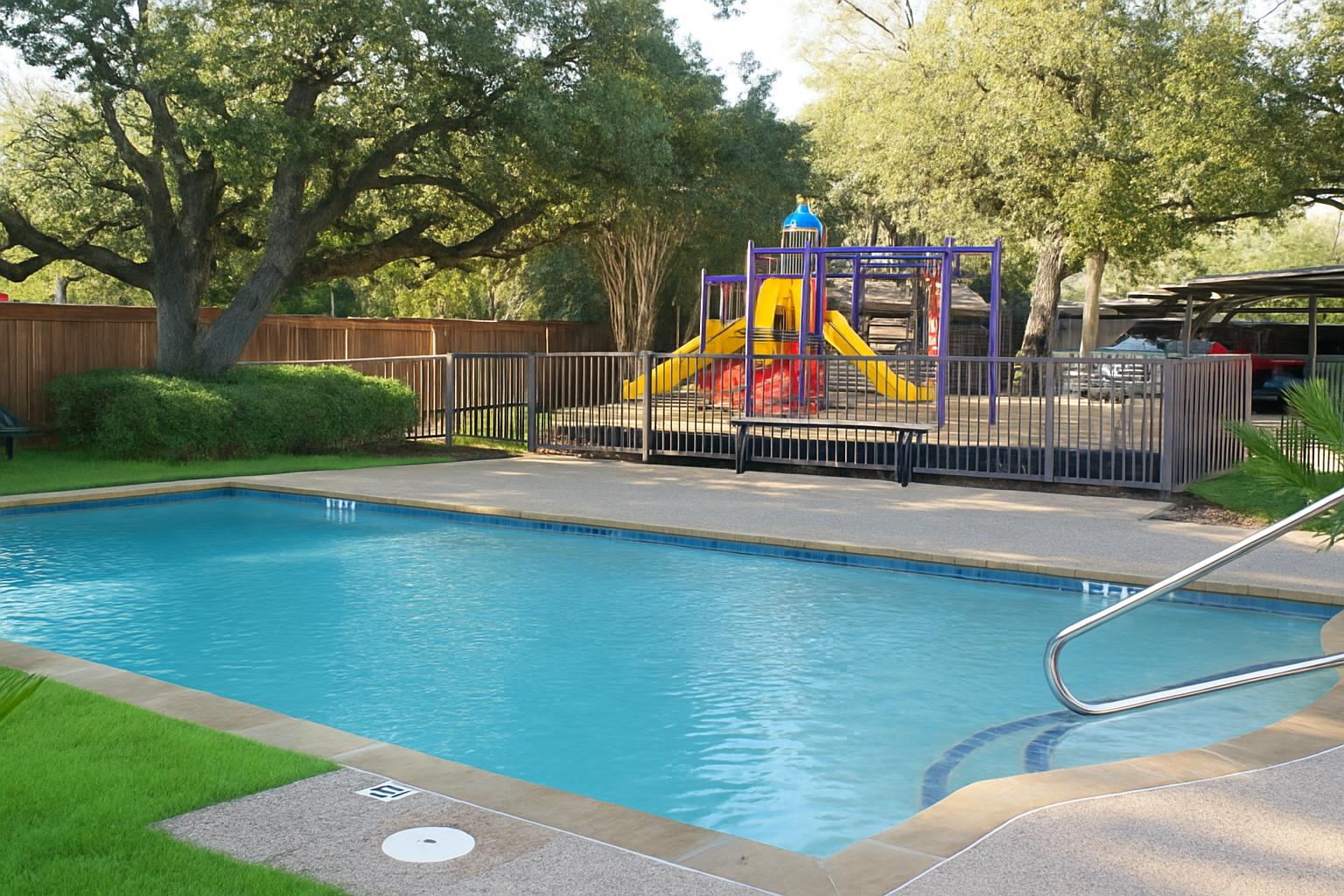 A swimming pool with clear blue water surrounded by green grass. In the background, there's a playground with a multi-colored slide and climbing structures, enclosed by a black fence. Tall trees provide shade, creating a pleasant outdoor environment.