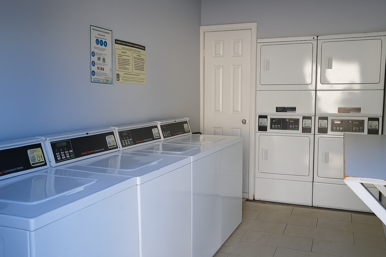 A laundry room featuring several white washing machines and dryers against a light blue wall. There are signs on the wall providing information about laundry usage. The room has a clean, organized appearance with a door leading to another area.