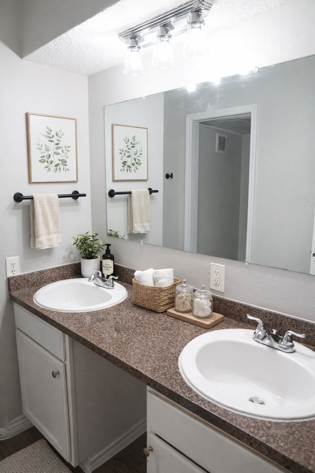 A clean, modern bathroom featuring a double vanity with two sinks. Above the sinks, there is a large mirror and decorative framed botanical prints on the wall. A black towel rack with a beige towel is visible, along with a small plant and containers for toiletries on the countertop. The overall color scheme is neutral and minimalist.