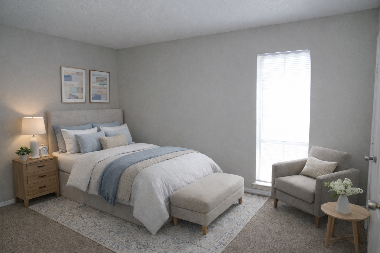 A cozy, modern bedroom featuring a queen-sized bed with gray and blue bedding, a light beige headboard, and two decorative frames on the wall. A bedside table with a lamp is beside the bed, and a comfortable armchair and small side table are positioned by the window. Natural light streams through the window, enhancing the serene atmosphere.
