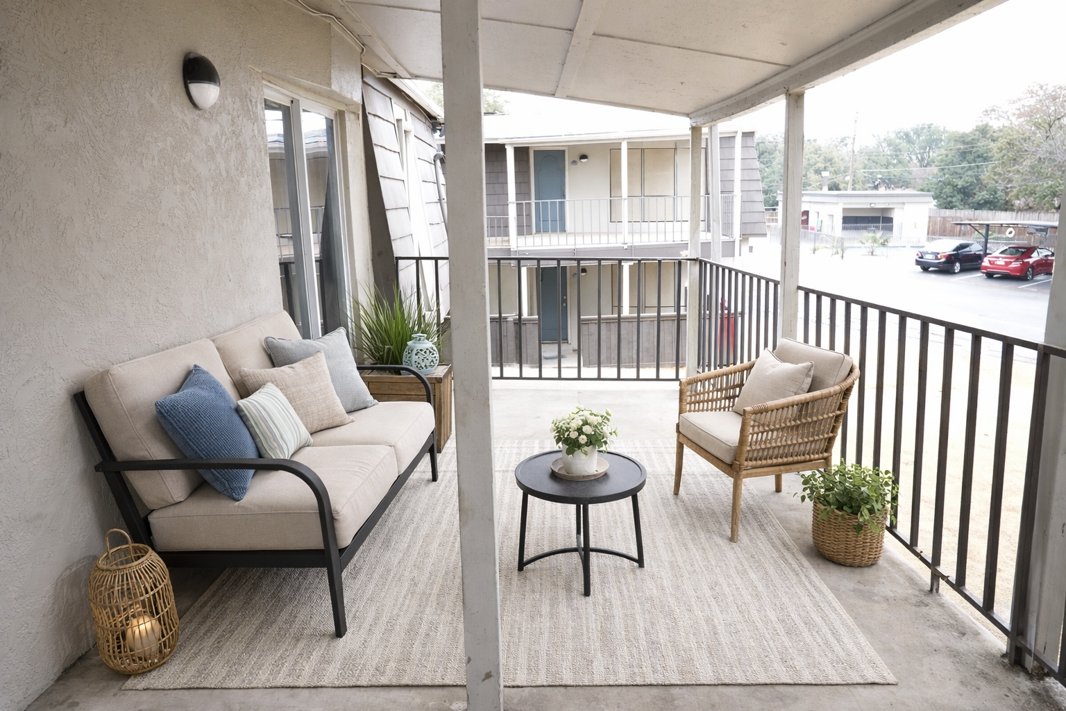 A cozy outdoor patio featuring a comfortable sofa with blue and neutral pillows, a round black table, and two woven chairs. Decorated with potted plants and a small vase of flowers, the space is inviting and well-lit, with an apartment complex visible in the background.