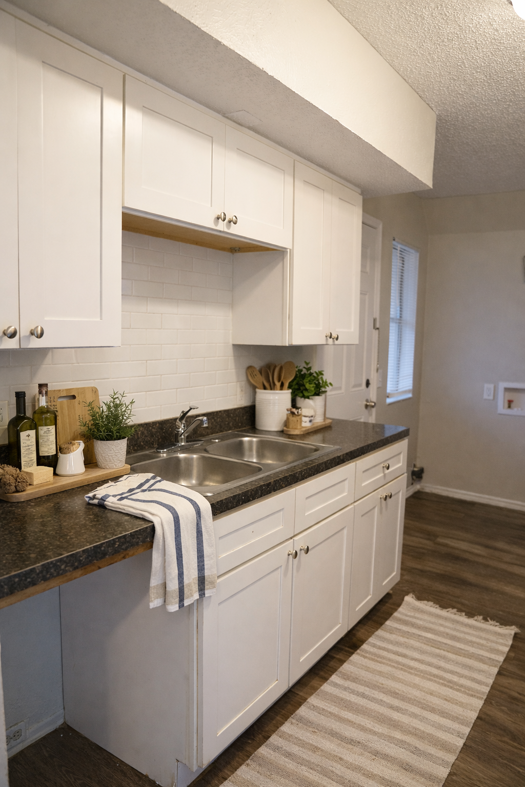 A modern kitchen featuring white cabinets, a dark countertop, and a double sink. Various kitchen utensils, a plant, and bottles of oil are neatly arranged. A striped towel hangs on the edge of the sink. The floor is covered with a light-colored rug, and there's a window allowing natural light to enter.