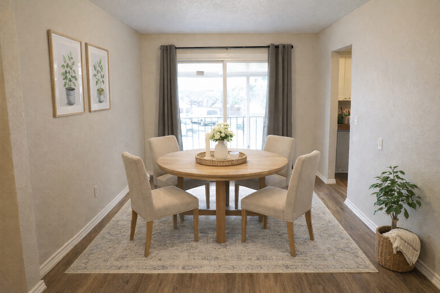 A cozy dining area featuring a round wooden table surrounded by four upholstered chairs. In the center of the table is a vase with flowers, and a light rug lies beneath it. The walls are neutral-toned, and there are two framed plant prints on one wall. A window with sheer curtains allows natural light to fill the space.