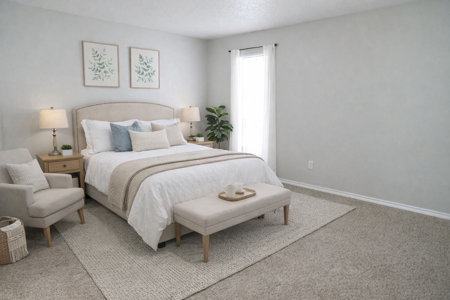 A serene, well-decorated bedroom featuring a cozy bed with white linens, accented by a light gray headboard and decorative pillows. Near the bed is a beige bench, a small nightstand with a lamp, and a comfortable armchair. Natural light filters in through a window, complemented by greenery and minimalistic decor.