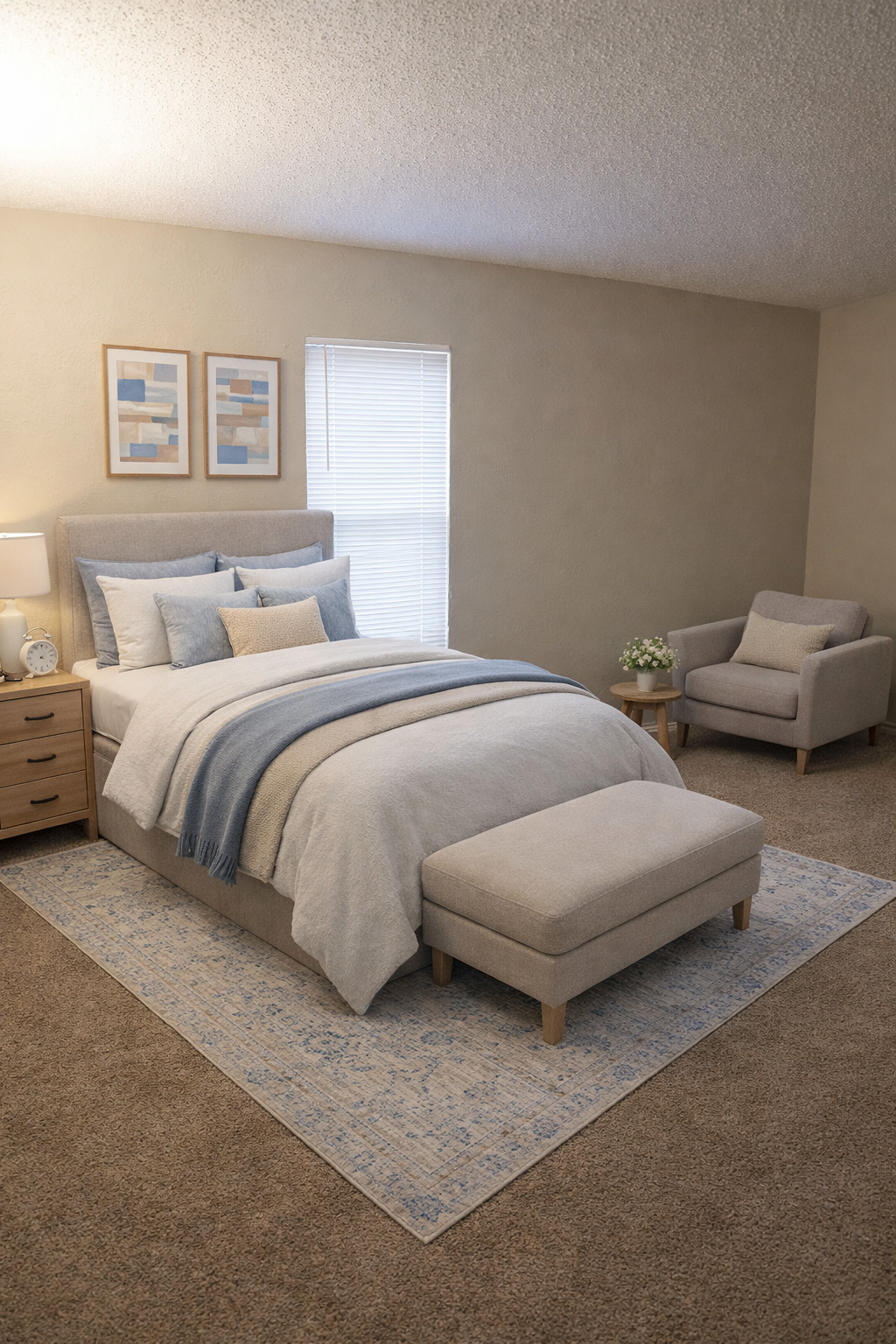 A well-decorated bedroom featuring a queen-sized bed with a light gray comforter and a blue throw blanket, a beige upholstered bench at the foot of the bed, a bedside table with a lamp, framed artwork on the wall, and a cozy armchair in the corner. Natural light filters through a window.