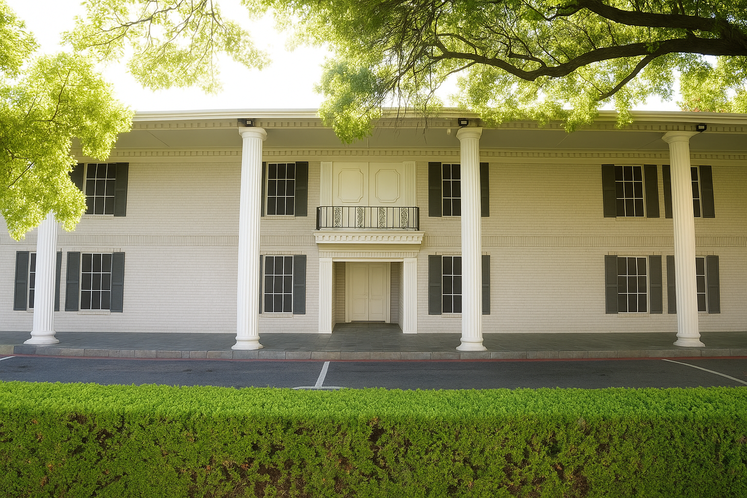 A two-story building with white brick exterior, featuring four tall columns at the front and a central double door with a balcony above. The surrounding area includes neatly trimmed green shrubs and trees, with ample sunlight illuminating the scene. Window shutters are present on either side of the windows.