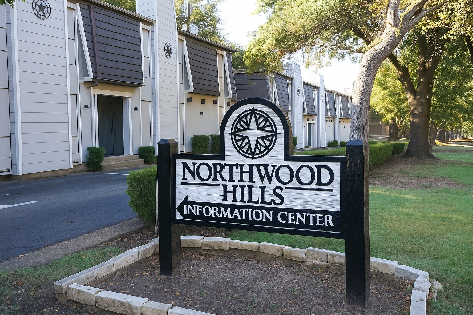 Sign for Northwood Hills Information Center, featuring a compass rose design at the top. The sign is black and white, prominently displaying "NORTHWOOD HILLS" in bold letters, with "INFORMATION CENTER" underneath. The background includes neatly maintained grass and a row of white buildings.
