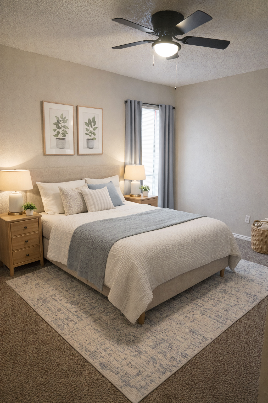 A cozy bedroom featuring a queen-sized bed with a light gray blanket, flanked by two wooden nightstands with lamps. The walls are adorned with framed botanical prints. A large window is covered with light gray curtains, and a woven basket is placed on the floor, adding a warm touch to the neutral color scheme.
