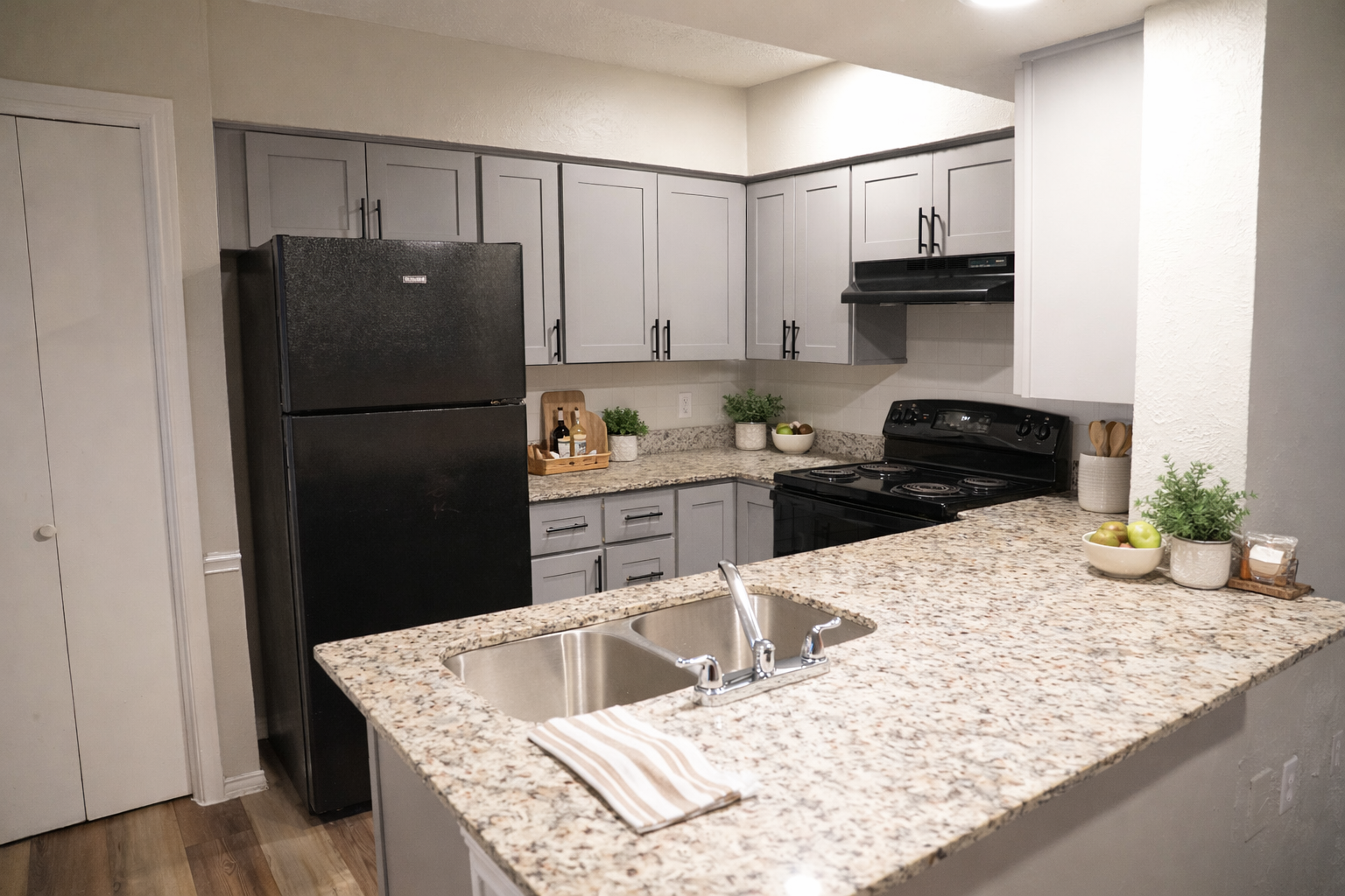 A modern kitchen featuring gray cabinetry and a granite countertop. There's a large double sink with a faucet, a black refrigerator, and a black stove and oven. Decorative plants and kitchen accessories are on the counter, and a doorway leads to another room, adding to the spacious layout.