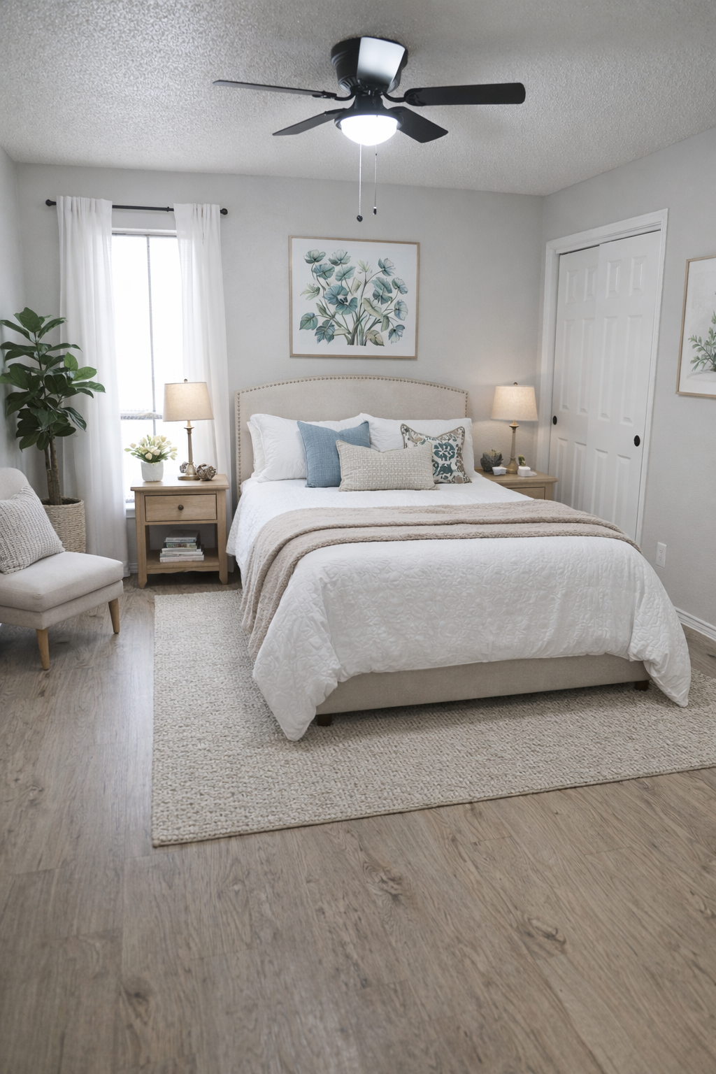 A cozy bedroom featuring a large white bed with decorative pillows, a neutral-colored blanket, and a light-colored rug. There are two bedside lamps on matching nightstands, a chair in the corner, and framed botanical artwork on the walls. A potted plant adds a touch of greenery to the space.