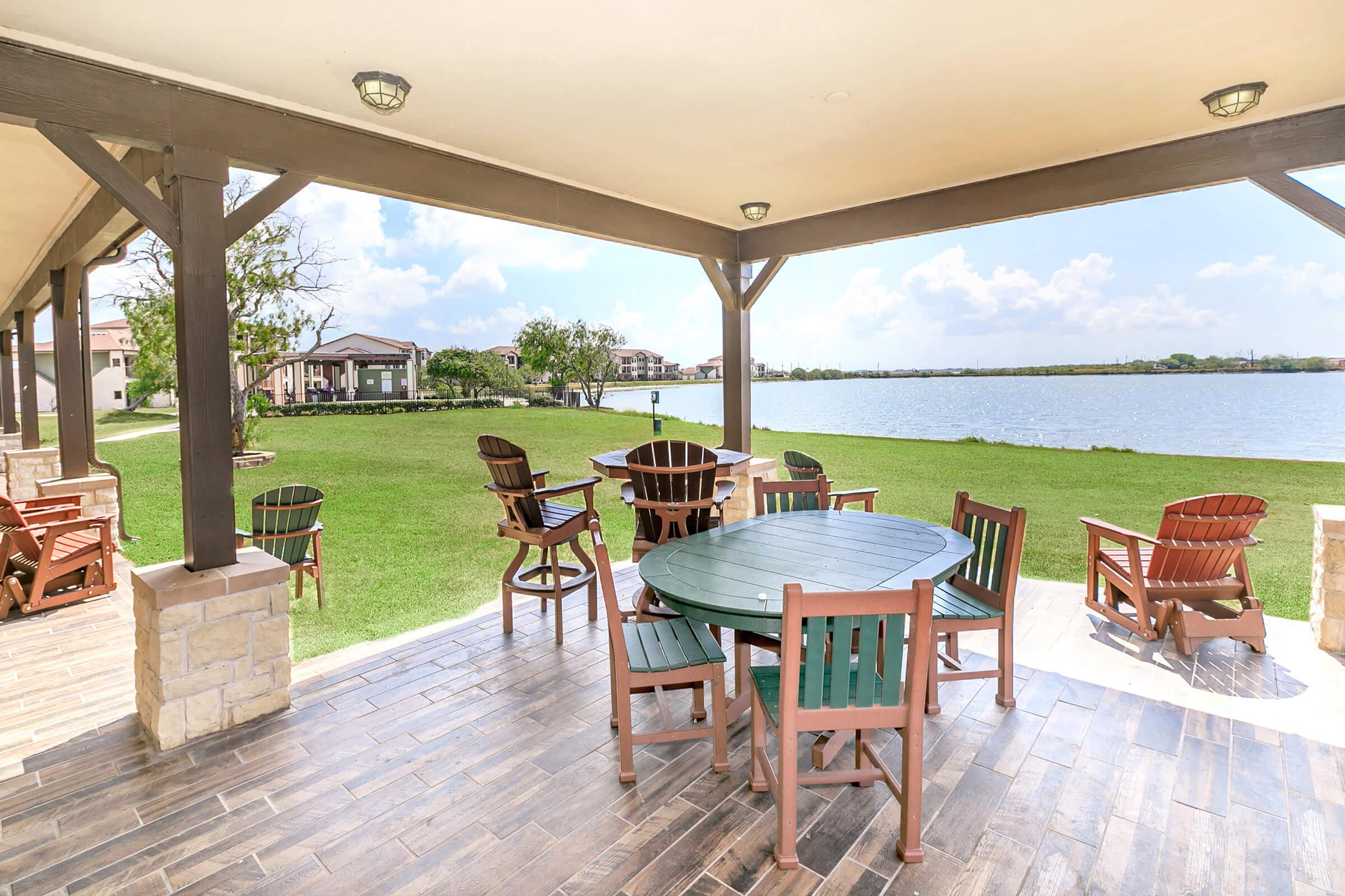 a dining room table in front of a building