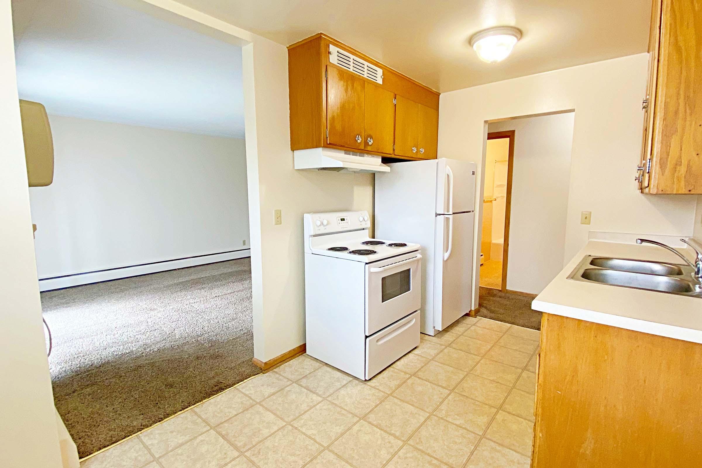 a kitchen with a stove sink and refrigerator